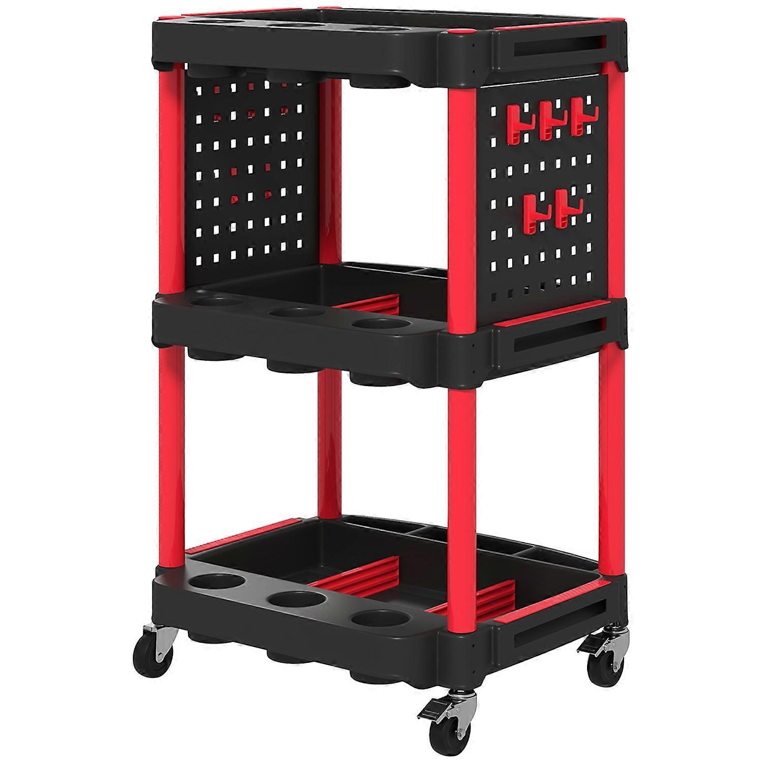 Tool trolley, three-tier shelves, 4 wheels, plastic, 10 hooks, red
