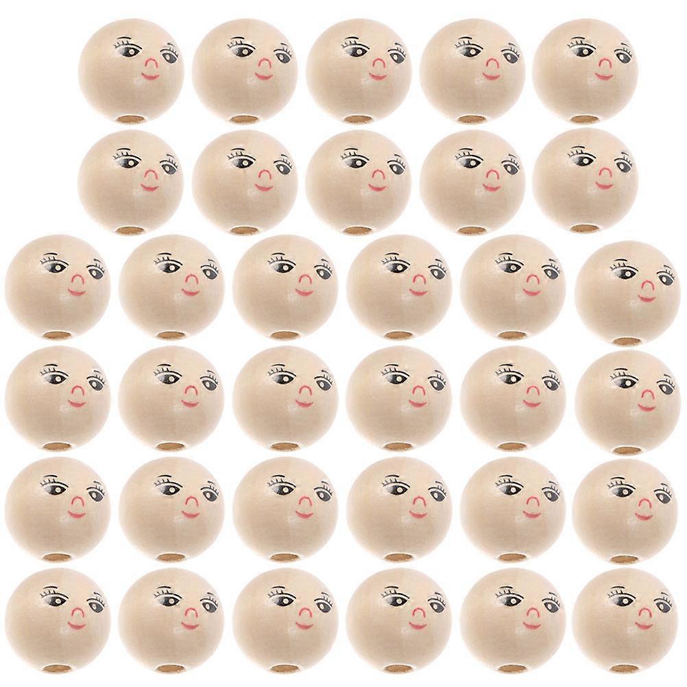 Wood Face Bead Smile Face Wood Loose Beads Craft Decoration Jewelry Making Natural Wood Color Round Shape 100Pcs