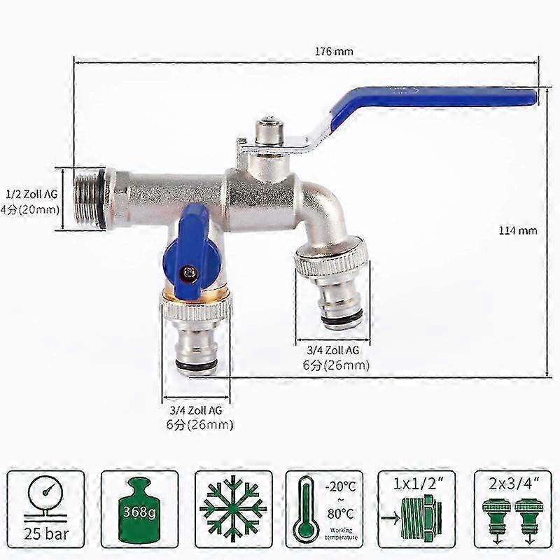 High-end tap with double outlet, tapping tap 1/2 x3/4 x3/4 - rust and frost resistant with 2 hose connections for garden, washing machine or cisterns.