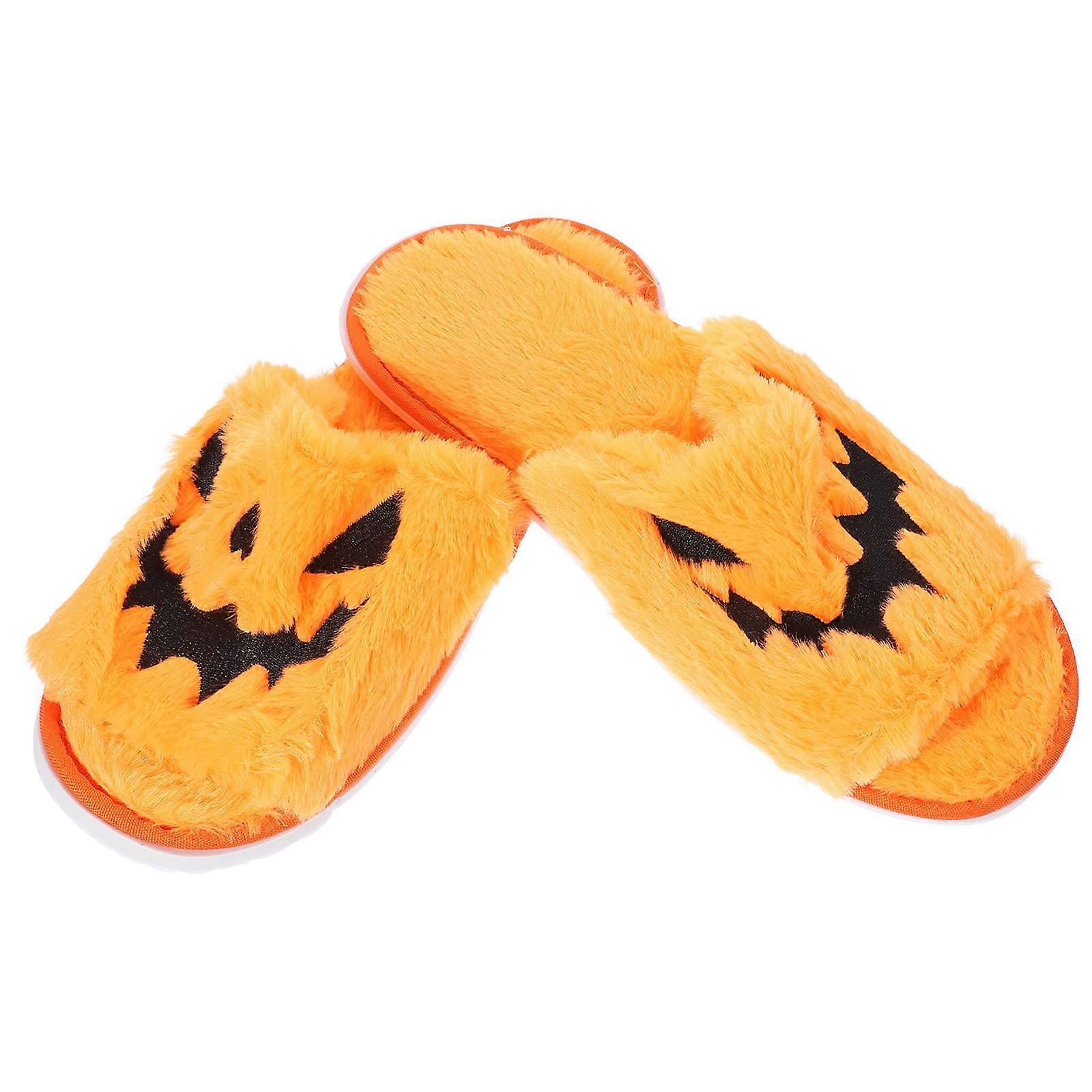 Plush Slippers Halloween Theme Non-Slip Comfortable 25.0CM Orange Pumpkin Shape 1Pair
