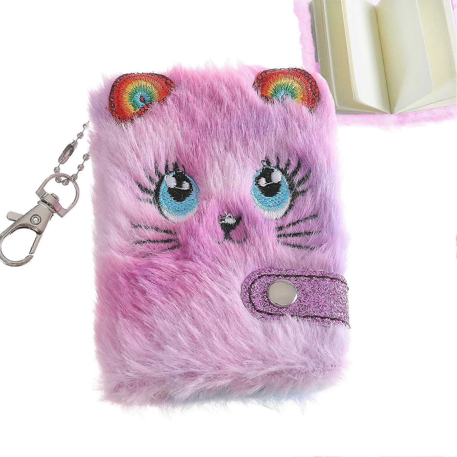 Fuzzy Notebooks for Girls, Cute Cat Notebook with Keychain Gift, Diary purple