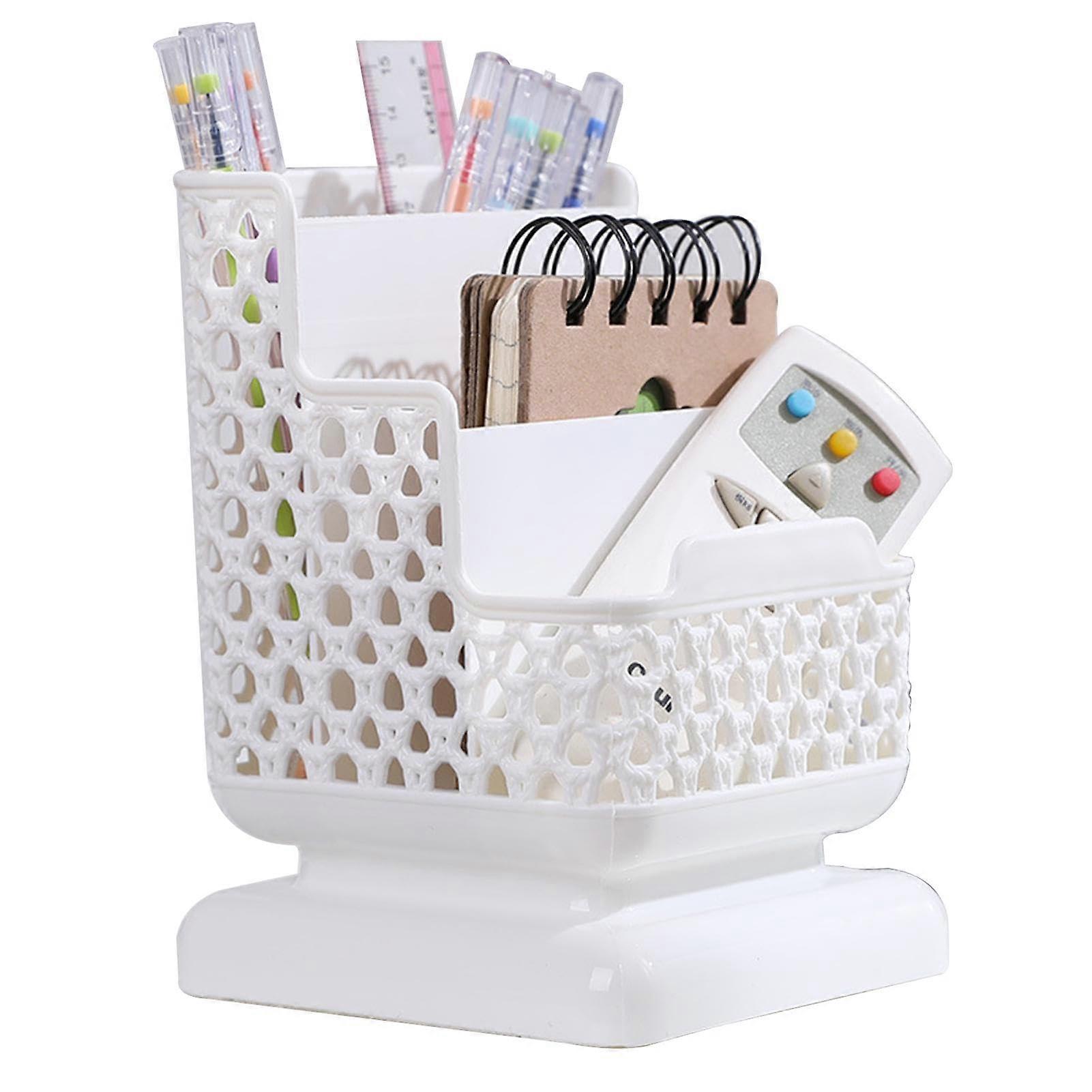 Pen Holder Three-Compartment Desk Organizer and Accessories, Hollow Design, White Storage Box for School and Home