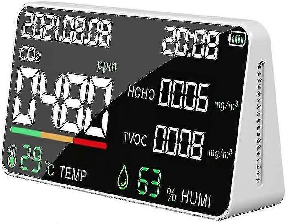 Air Quality Detector, Multifunctional Carbon Dioxide Co2 Tester Tvoc Hcho Value Electricity Quantity Temperature Humidity Display Functionwhite