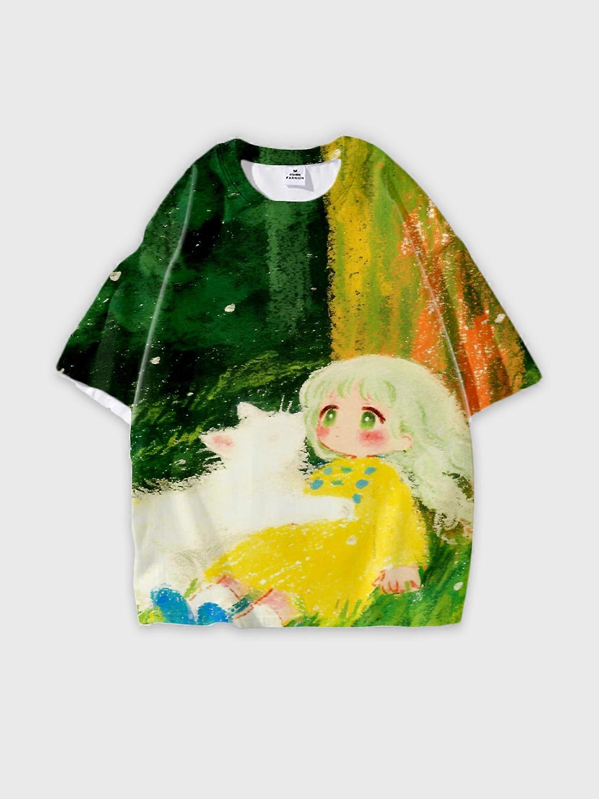 T-Shirt Round Neck, Loose Short Sleeve Pattern Graphic Tee, Unisex Summer Casual Top V961