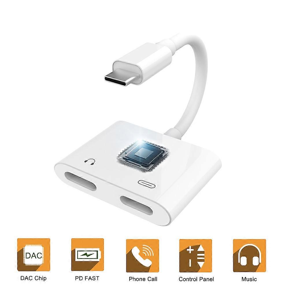 USB C Double Type-C Splitter Digital Audio Charging Adapter Converter Support PD Fast Charge - White