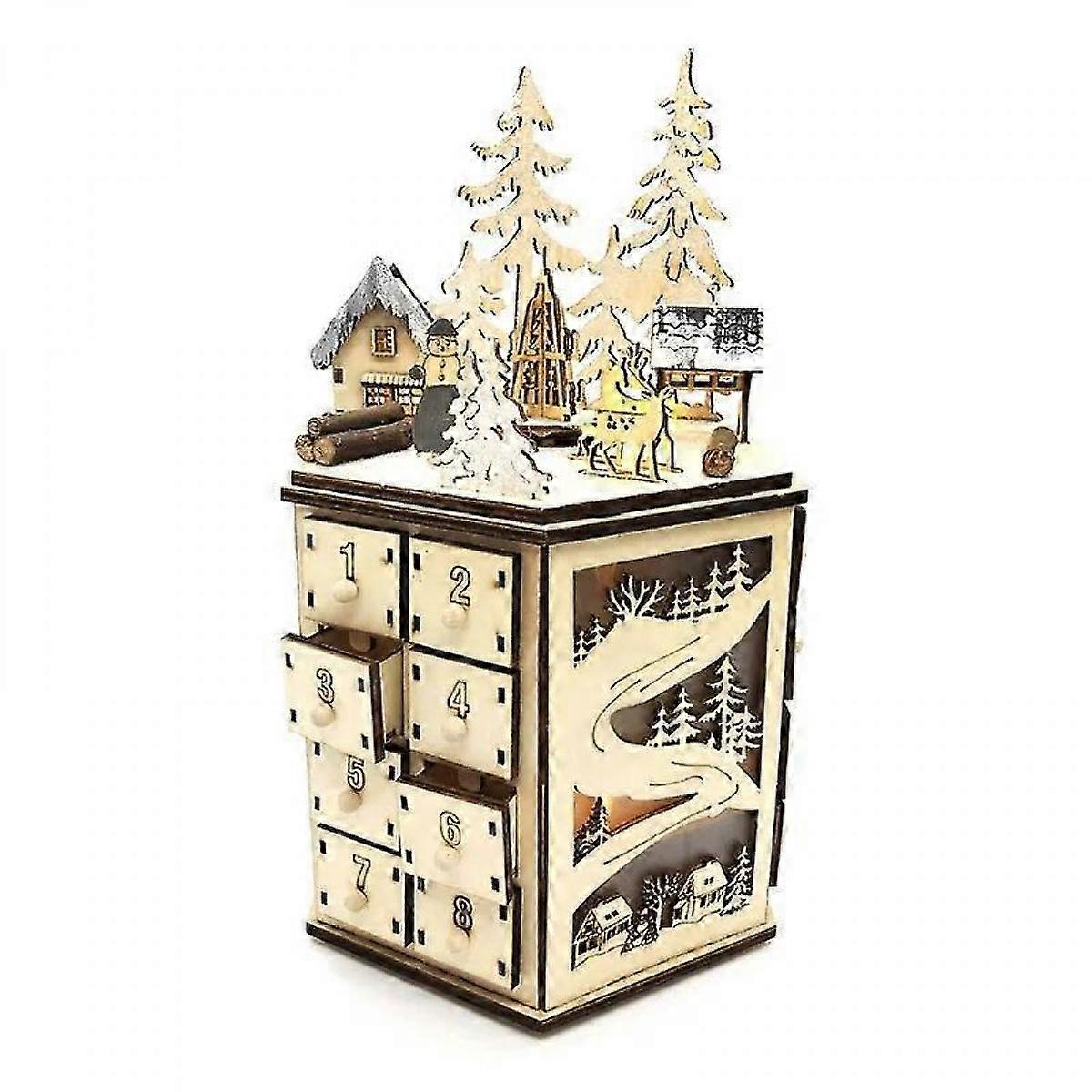 2025 Advent Calendar Christmas Wooden Advent Calendar Countdown Decoration 24 Drawers with LED Light Rotating Music Ornament