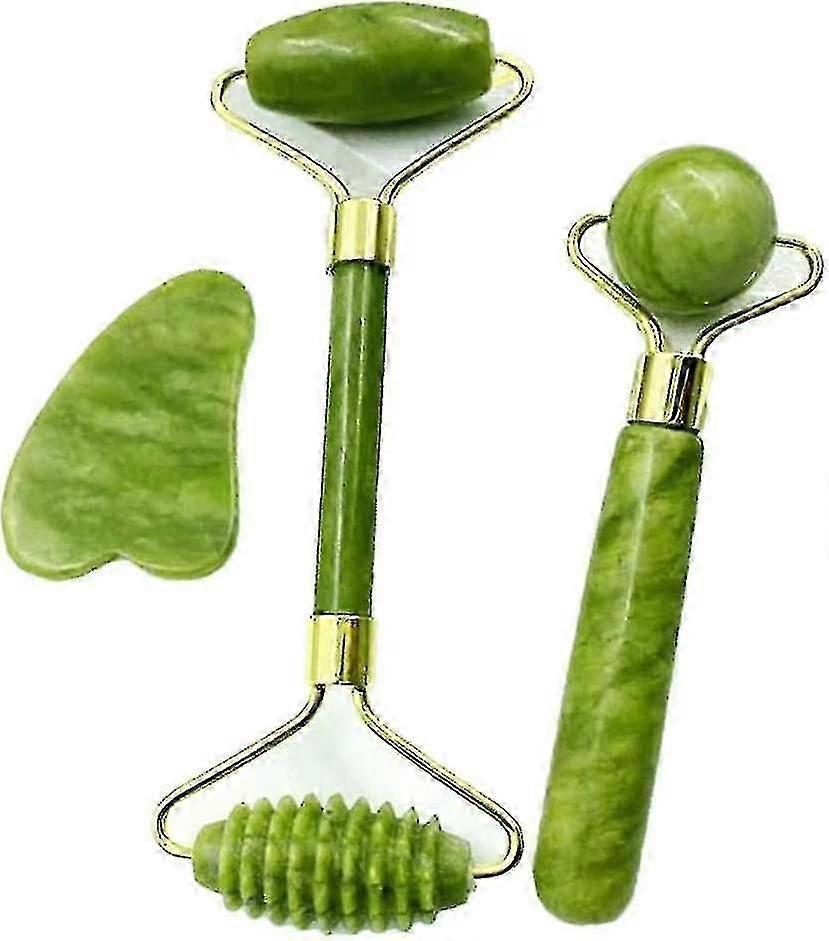 Liseng And Gua Sha Tools Set-anti-aging Roller Massager-100% Real Natural Jade
