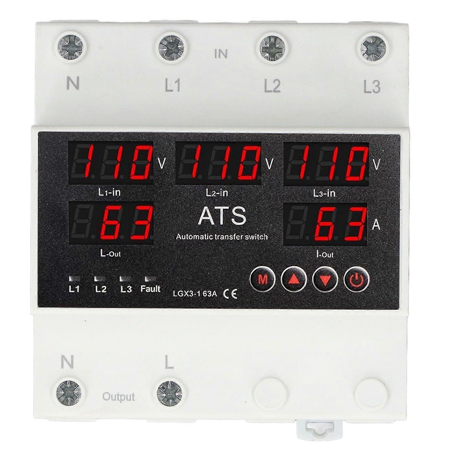 Automatic Transfer Switch 63A 3P4W LED Display Adjustable Voltage Protector for Home Generator Inverter AC110V(110300V Maximum 80330V Min)