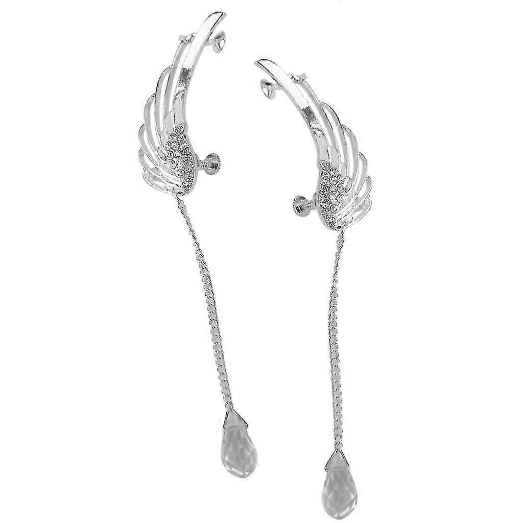 Angel Wing Crystal Chain Drop Ear Cuff Clip Earrings for Women's