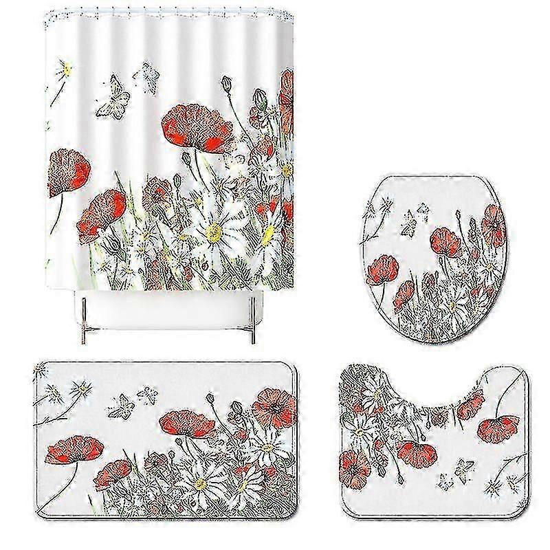 バスルームマットデジタル印刷防水シャワーカーテン4ピースバスルーム滑り止めマットセット