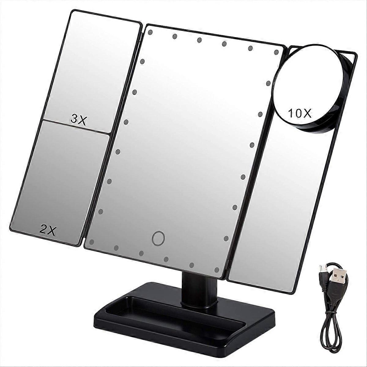 Trifold Makeup Mirror with 22 LED Lights,10X/3X/2X Magnification Portable Fold Lighted Table Desk Co