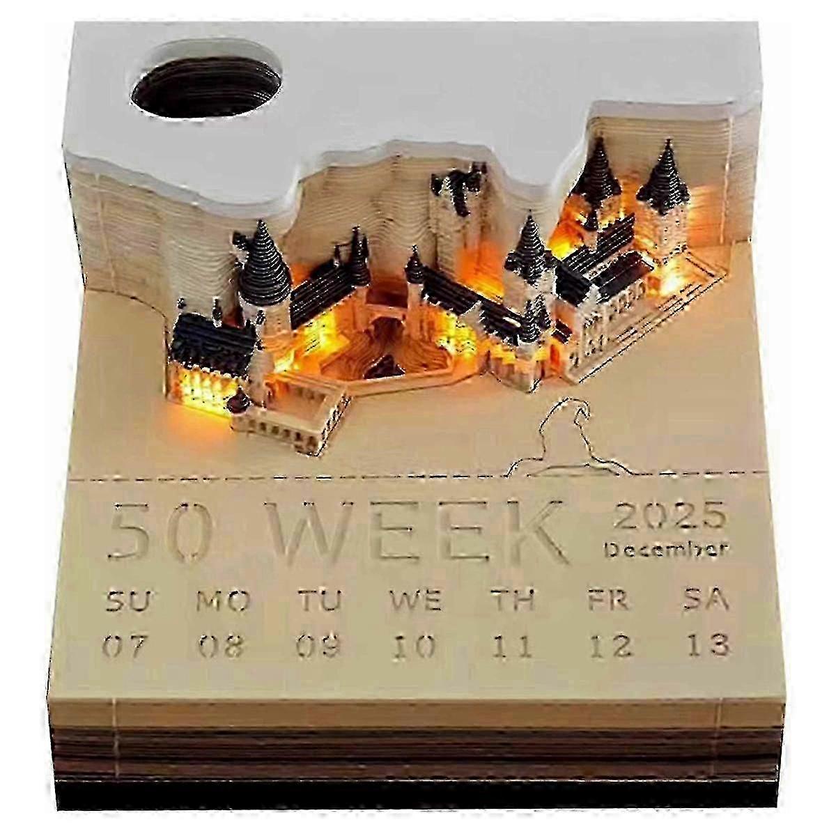 Time Piece Calendar, 2025 Desk Calendar Memo Pad, 3D Magic Castle Time Piece Notepad with Lights SZRH