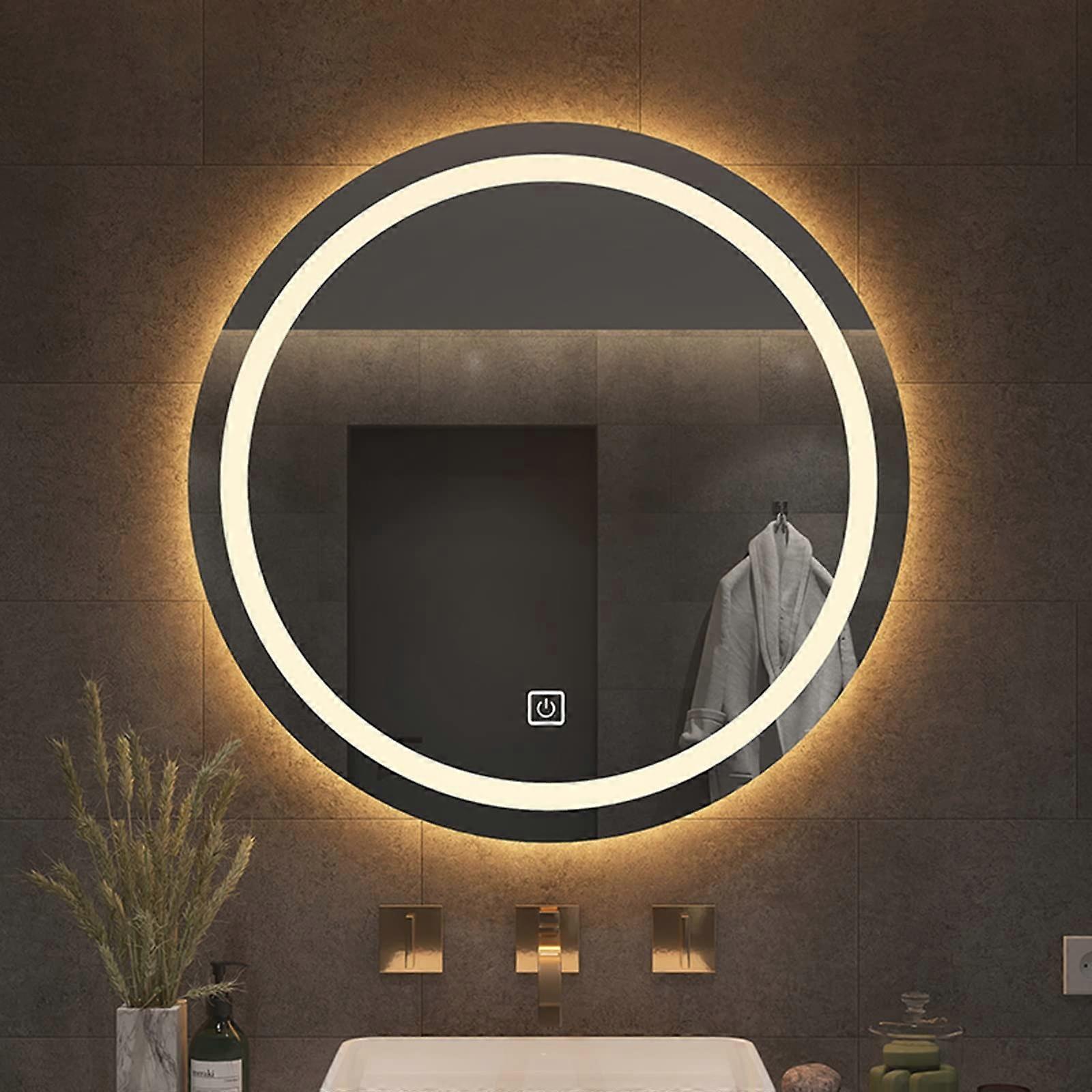 Round LED Bathroom Mirror Backlit Wall Mounted, Dimmable 3 Color Touch Switch, ExplosionProof HD Glass (Warm Light)
