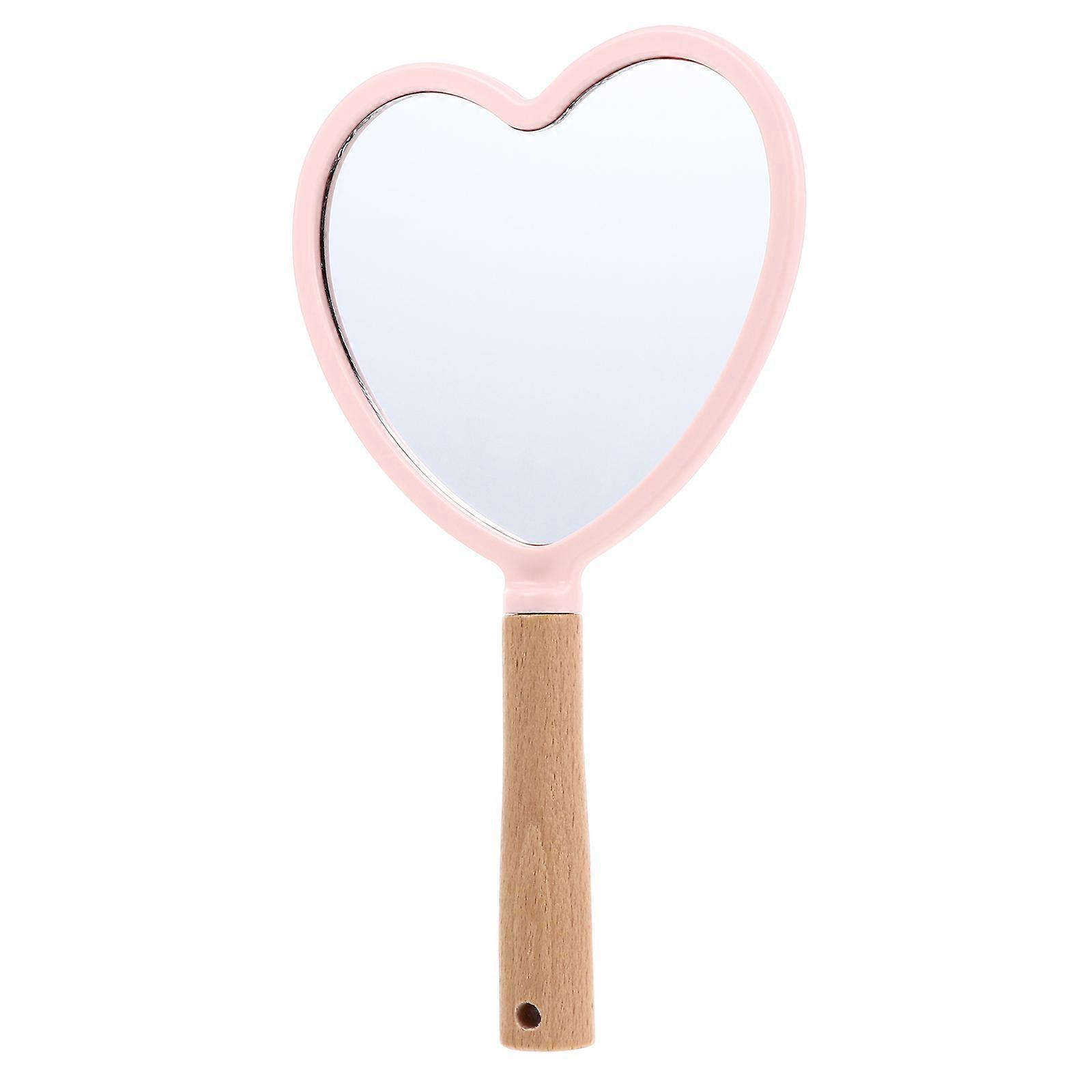 Makeup Mirror Wood Handle Handhold Mirror for Makeup Use Pink