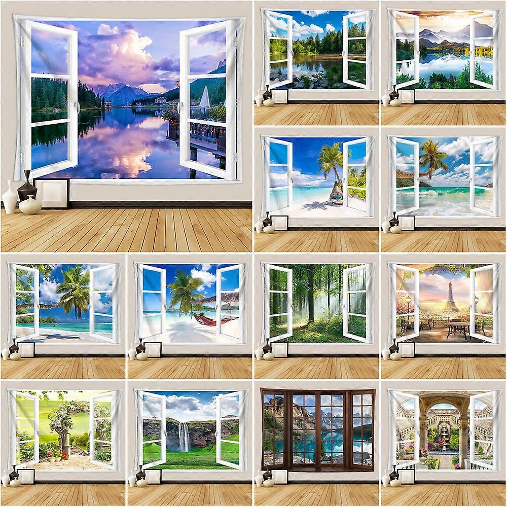 3D Window Scenery Wall Hanging Sea Tapestry Throw Blanket Bedspread Backdrop Art