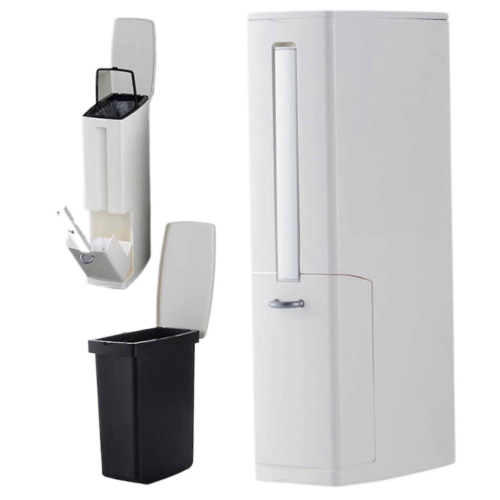 Slim Bathroom Trash Can with PopUp Lid, Toilet Brush Holder, Wastebag Storage, 4.5L Rectangular