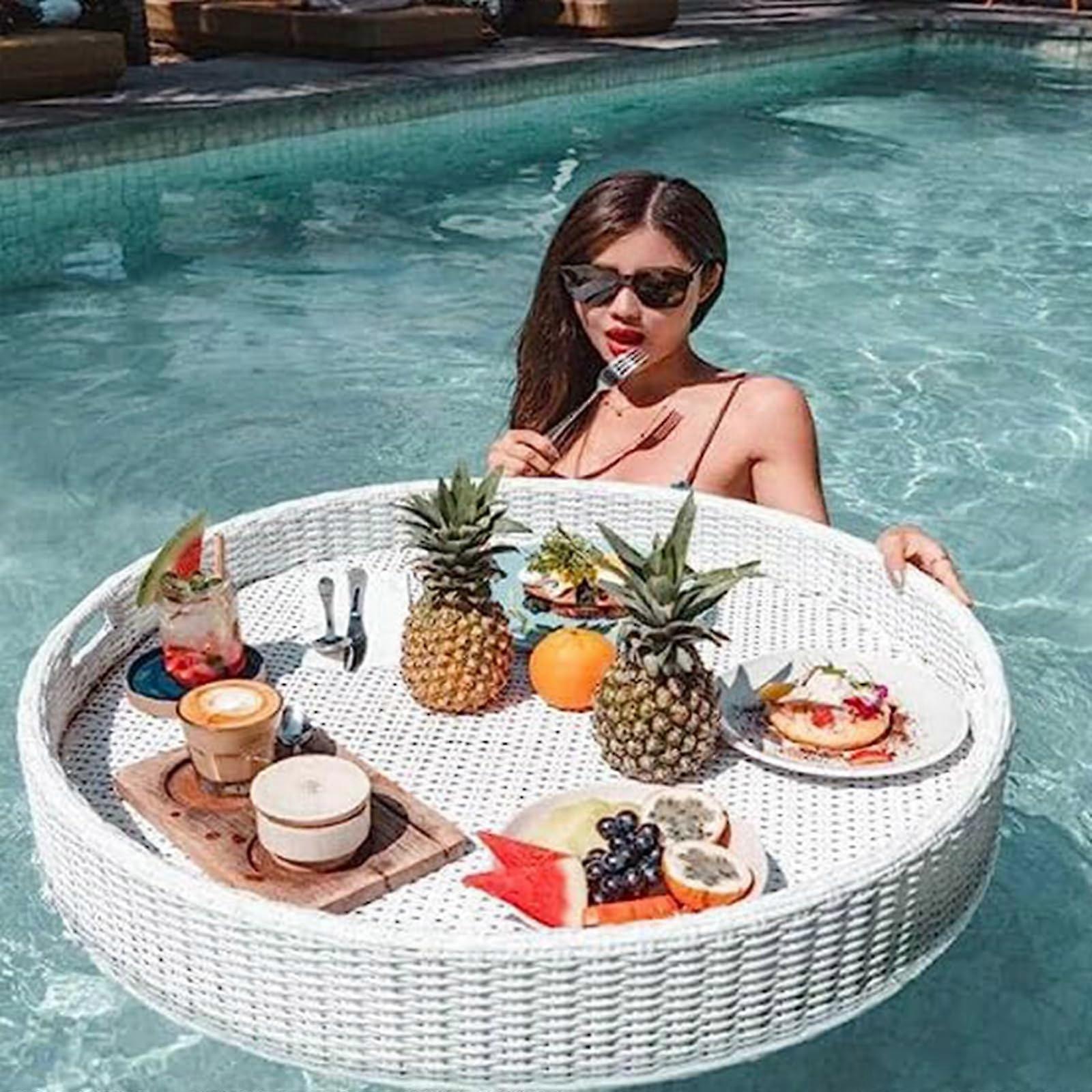 Floating Pool Tray for Drinks and Snacks, EcoFriendly Rattan with Rustproof Aluminum Frame, 60cm White
