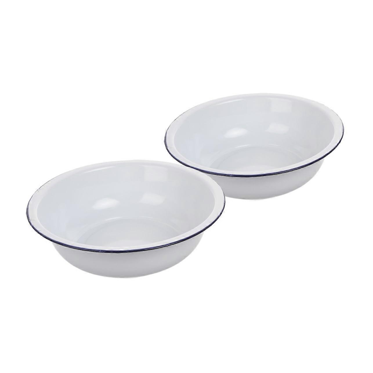 2pcs Vintage Enamel Mixing Bowl and Porcelain Soup Basin, Thickened Durable White Salad Serving Bowls