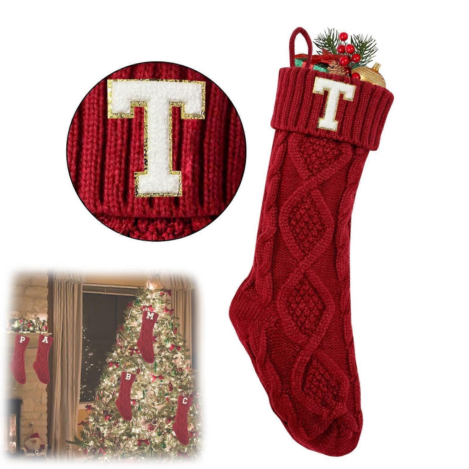 Christmas Stocking with Initial T, 18" Knitted Xmas Stocking, Red Monogram Fireplace Hanging Decor for Holiday Party (1 Pack)