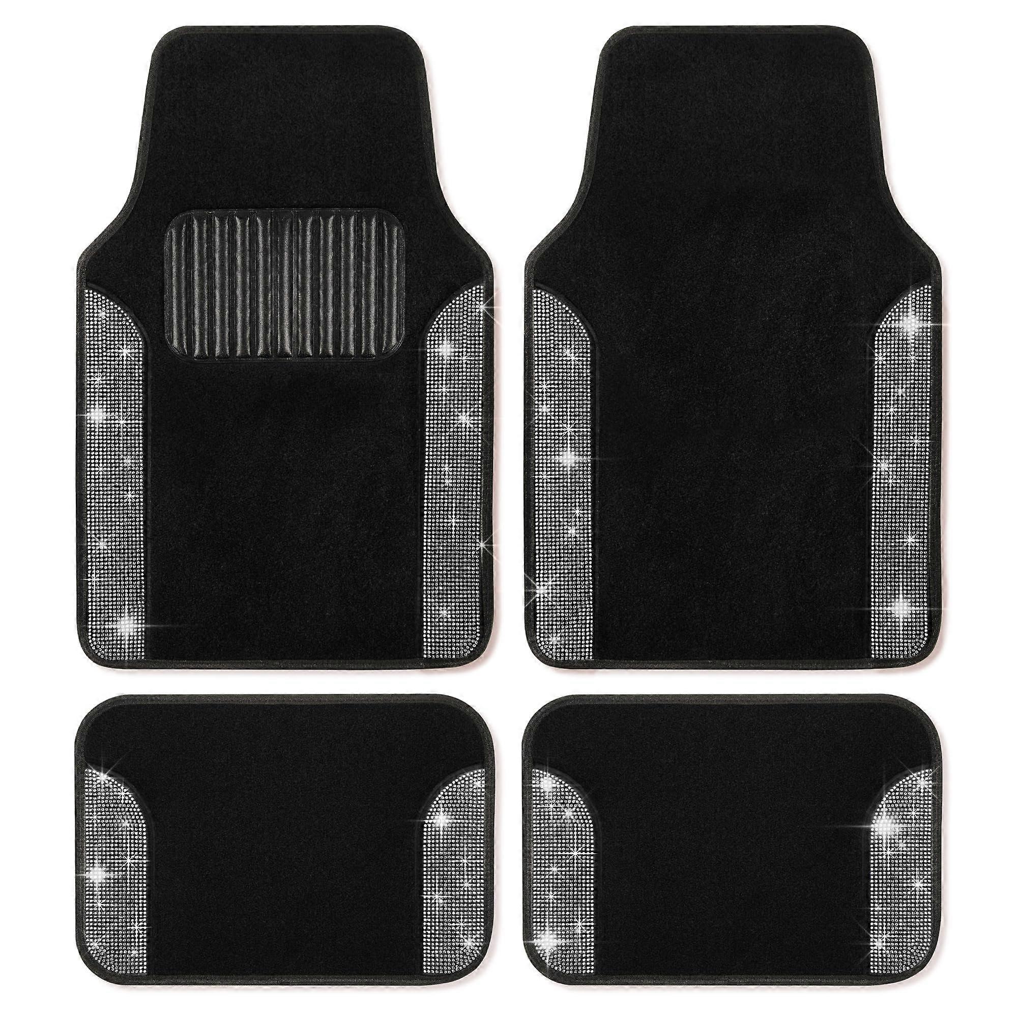 Car Floor Mats 4pc Set with Sparkling Rhinestone Finish, Two Tone Bling, Universal Fit White
