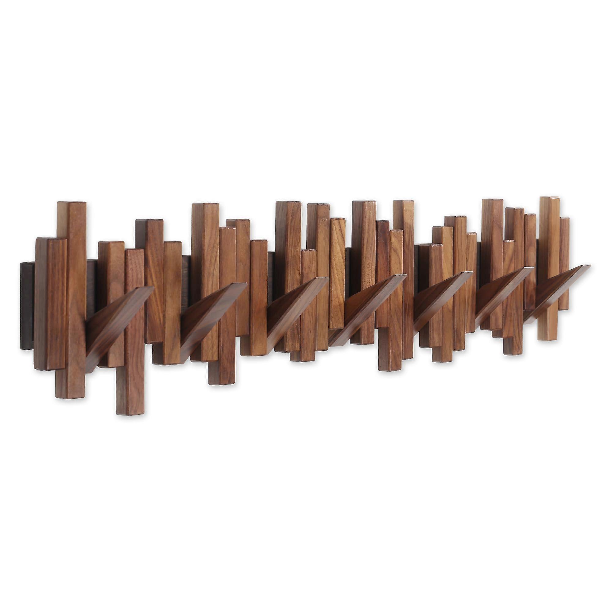 Wall Mounted Wooden Coat Rack with 7 Flip-Down Hooks, Solid Walnut, Handmade