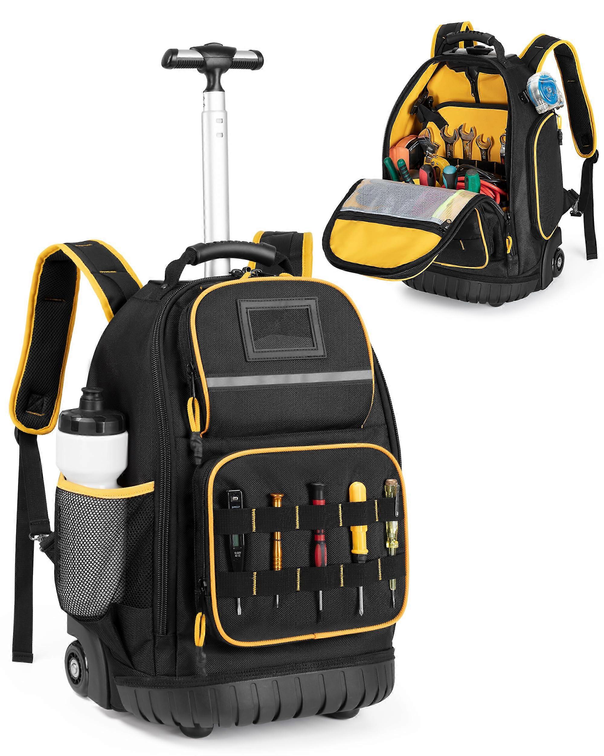 Heavy Duty Rolling Tool Backpack with Detachable Insert, Multiple Pockets and Wheels, Black