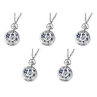 5X Couple Models Classic Fashion Retro Quartz Small Silver Lotus Blue Flower Pocket Watch