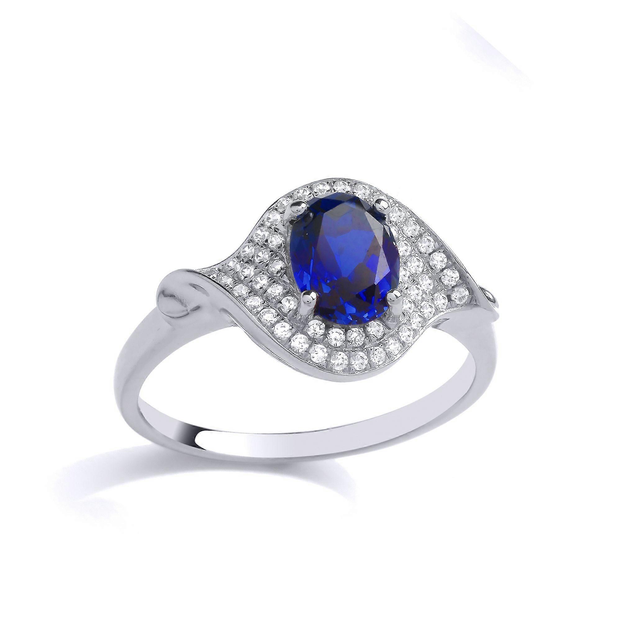 Jewelco London Ladies Rhodium Plated Sterling Silver Blue Oval CZ Beautiful Blue Eyed Cluster Cocktail Ring