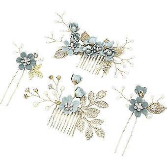 Decorative Pearl Comb, Flower Bridal Hair Pins Set, Hair Accessories for Brides Girls 4PCS (Green)