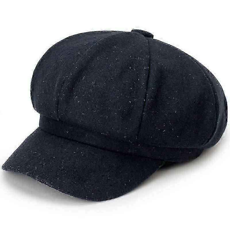 8 Panel Wool Blend Flat Cap, Herringbone Tweed, Black
