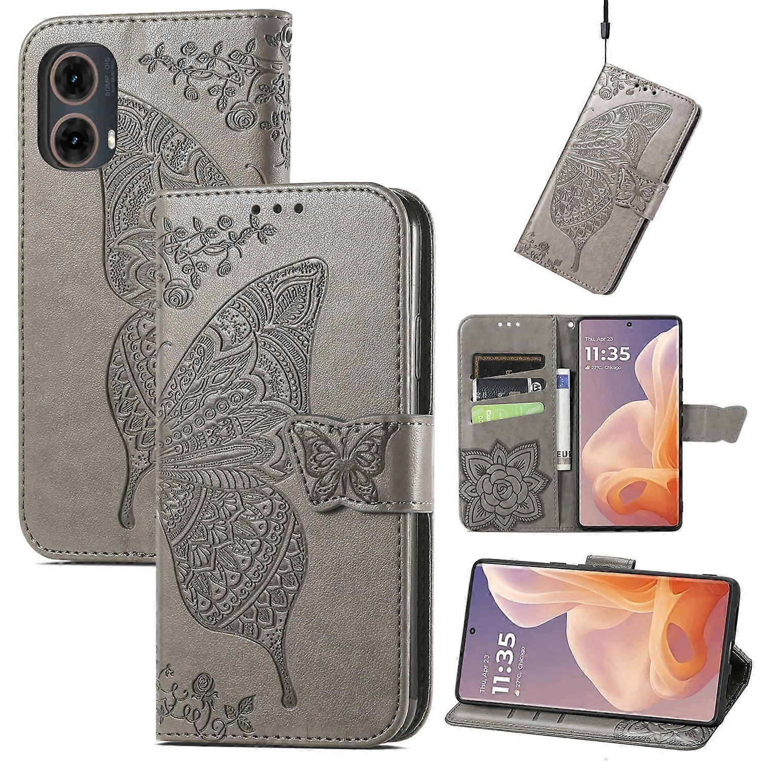 For Motorola Moto G85 Faux Leather Wallet Phone Case Butterfly Design Cover Grey