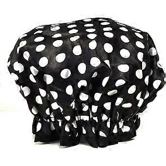 Bonnet de douche tendance en satin, à pois noirs et blancs