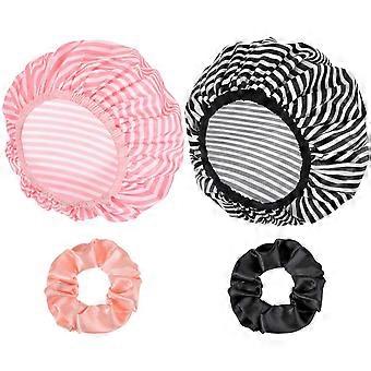 Paquete de 2 gorros de ducha grandes, impermeables y reutilizables, de doble capa, con coleteros para cabello largo y grueso, color rosa y negro.