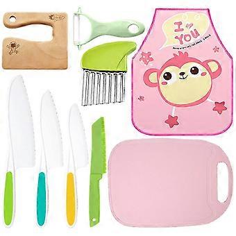 Kindermessenset van 9 stuks: houten en plastic messen, inclusief aardappelmes, schort en dunschiller.
