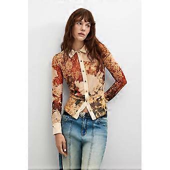 Desigual Atenas Sand Long Sleeve Knit Mesh Abstract Floral Print Shirt 26WWTK23