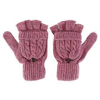 Women Winter Warm Wool Knitted Convertible Fingerless Gloves With Mitten Cover (Pink) XI-WHBYV