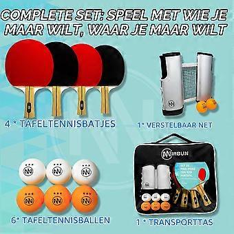Conjunto de tênis de mesa com rede extensível - 4 raquetes profissionais - 6 bolas de 3 estrelas - Material: madeira e plástico - Portátil e completo - Conjunto de pingue-pongue.