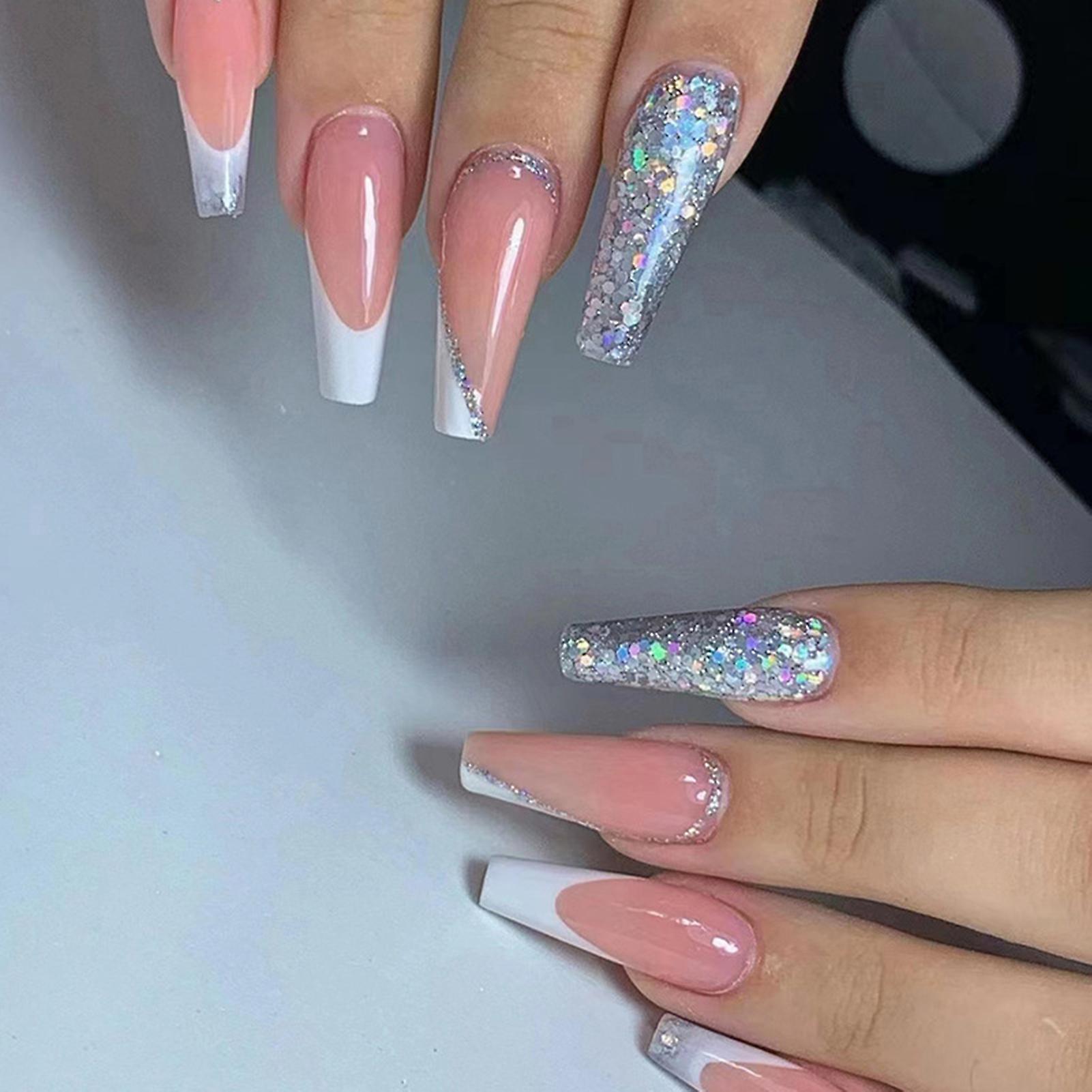 Pink Long Ballet False Nails With Flash Sequin With Harmless And Smooth Edge Nails