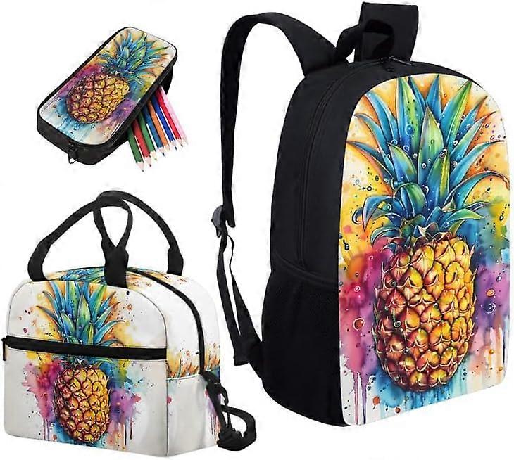 漫画スプラッシュパイナップルバックパック3ピースランドセル/クロスボディランチバッグ/ペンシルバッグセットカラフルなアートグラフィティトロピックフルーツキッズボーイズガールズトラにフィット