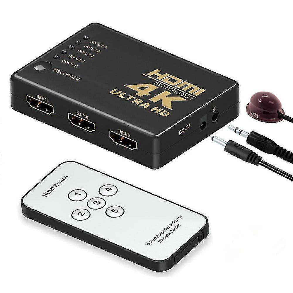 Hdmi Switch 4k, intelligent 5-port hdmi switcher, splitter, stöder 4k