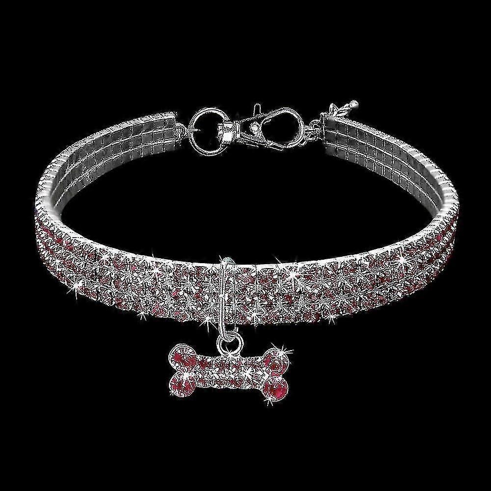 Pet Bone Collar, 3 Rows Rhinestones Crystal Elastic Necklace