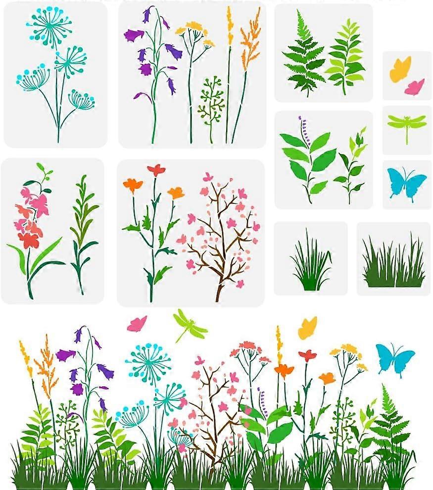 11 PCS Wildflowers Stencils for Painting Reusable Flowering Shrubs Stencil Grass Leaf Stencil Butterfly Dragonfly Pattern Stencil for Painting on Wall