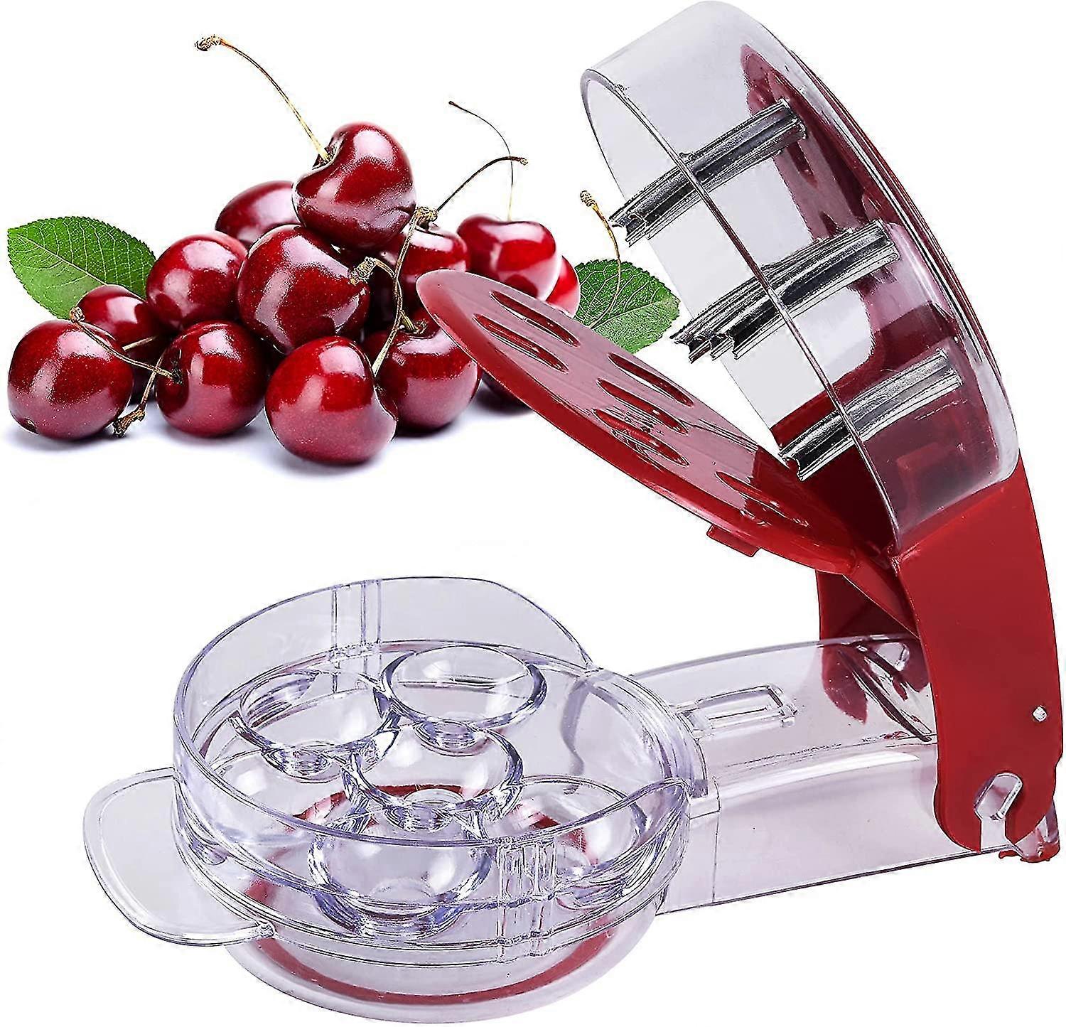 cherry pitter, stainless steel multiple cherry seed extractor, juice container 6 cherries(red)
