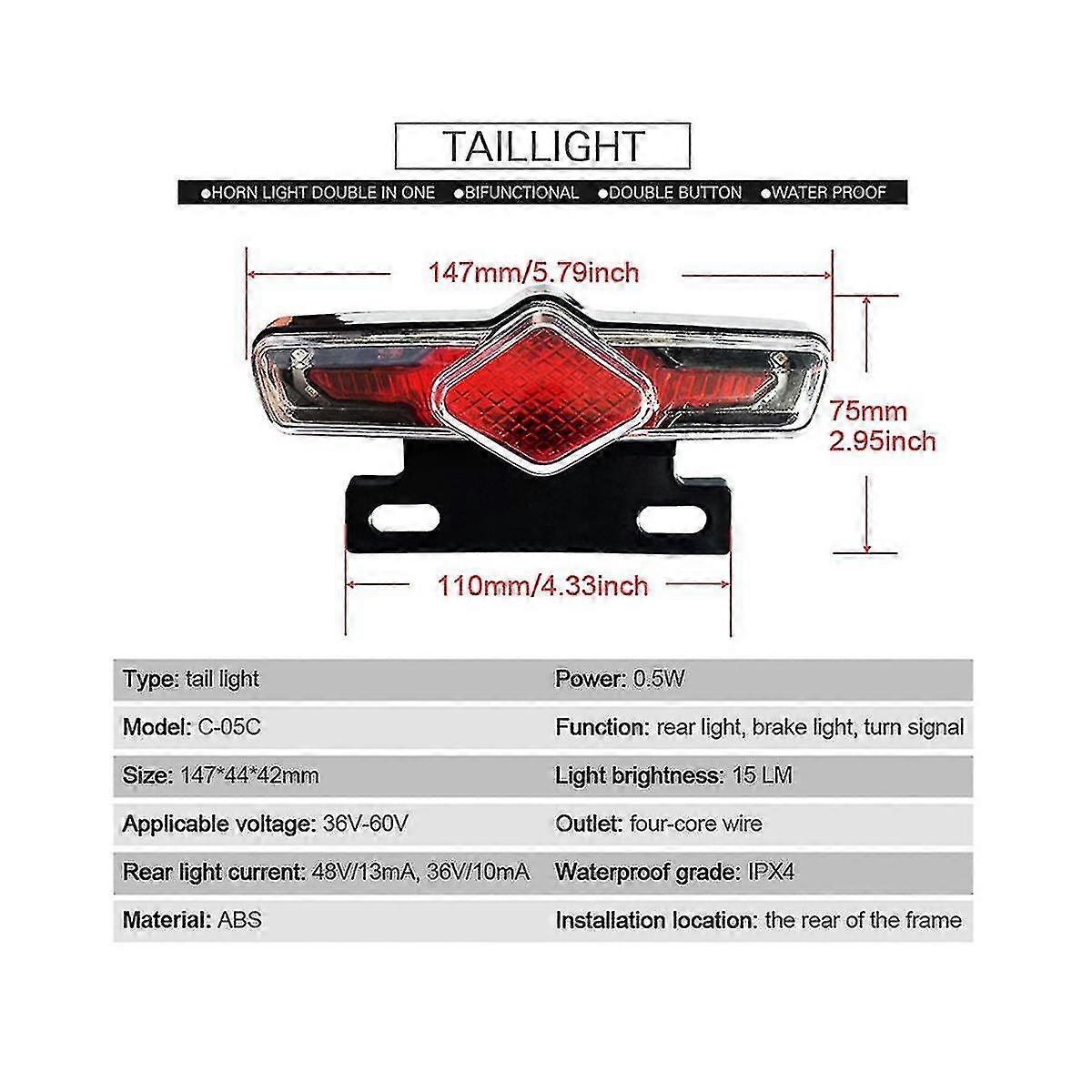 Image showcasing Electric Bicycle 24/36/48v/60v Headlight Front Tail Rear Warning Light ...