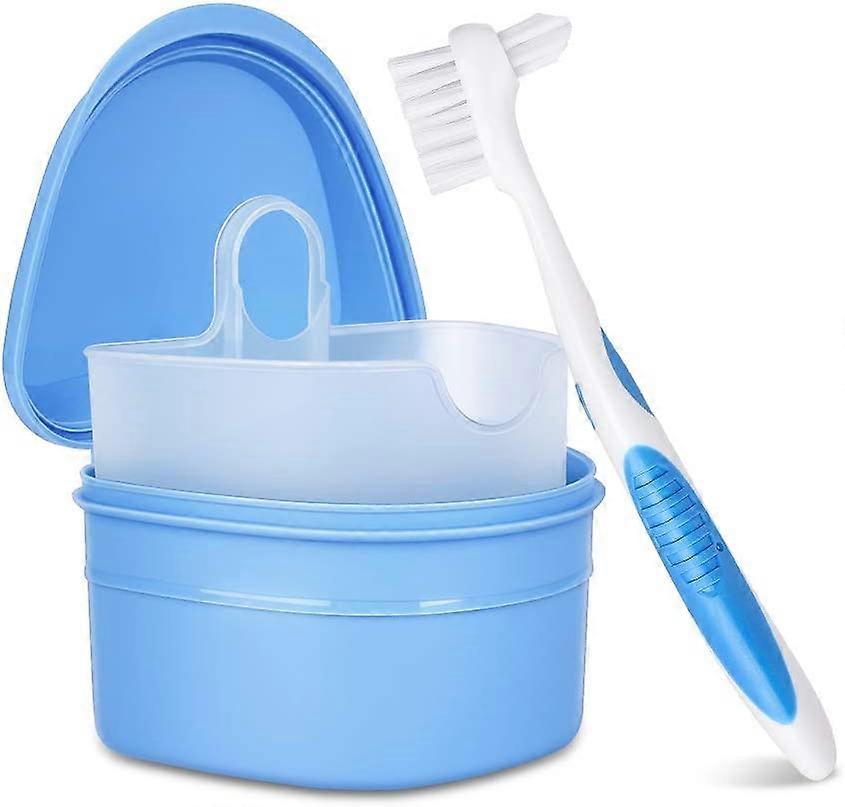 Denture Cleaning Kit: Denture Cleaning Case with Denture Brush (Blue)