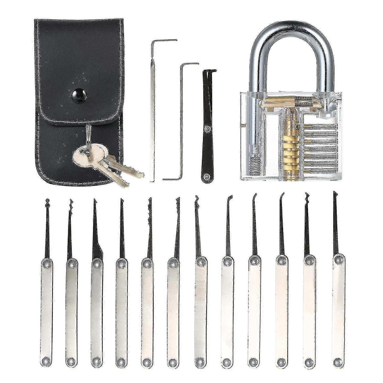 Transparent 15pcs Lock Picking Set Kit Tool With Transparent Practice Training Padlock Lock For Locksmith Beginners And Professional