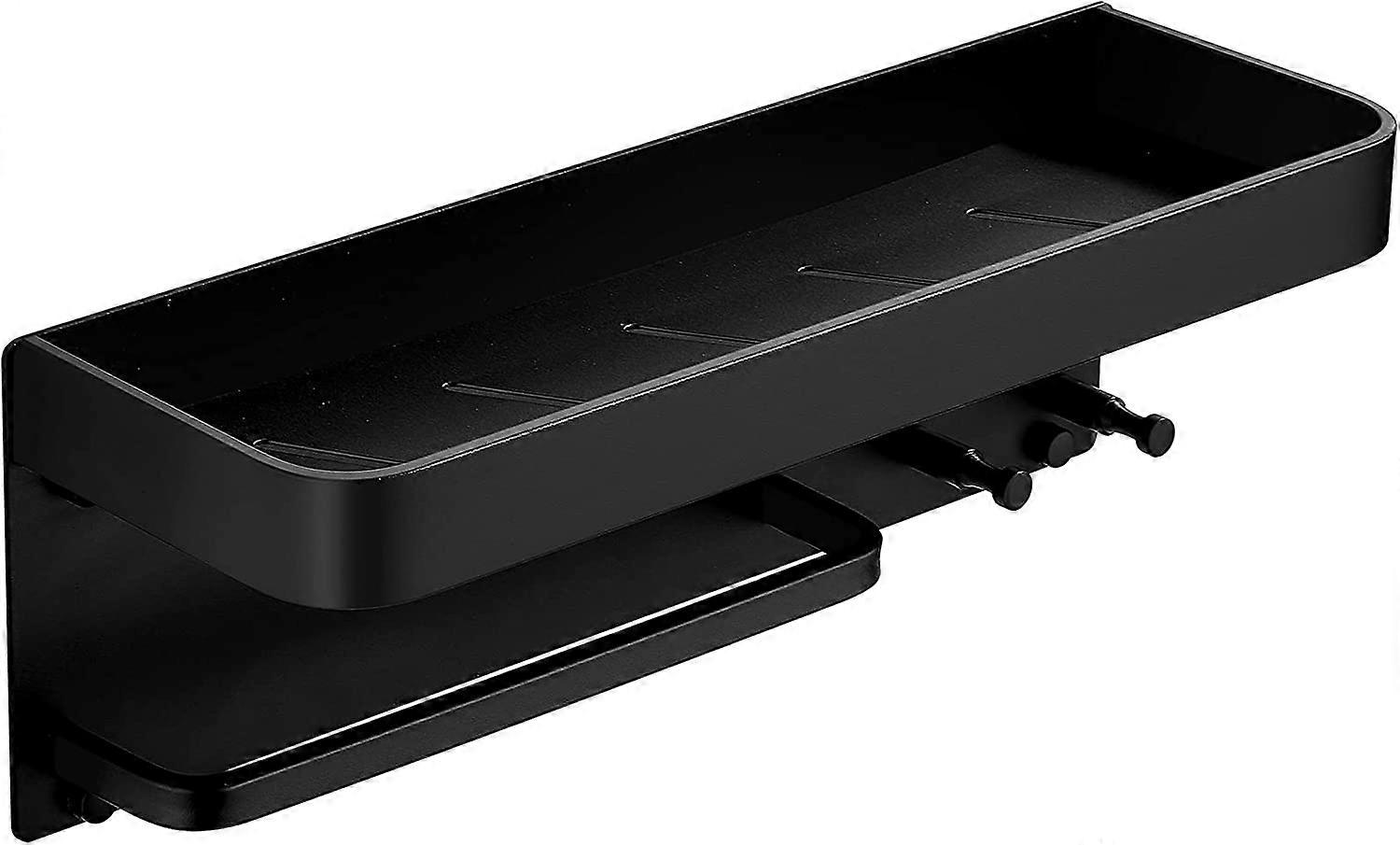 Black Shower Shelf, No Drilling Shower Shelf with Towel Rail and Hook, Aluminum, Rust Proof, for Bathroom and Kitchen