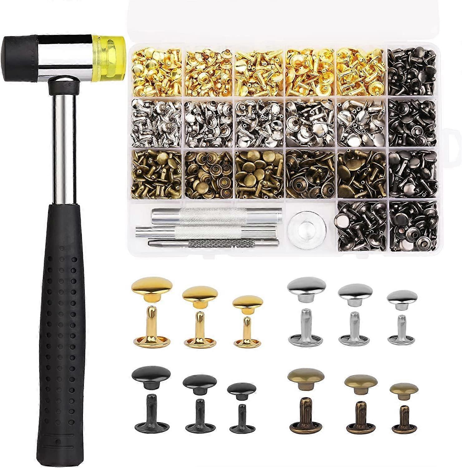 480 Set Leather Rivets Kit 4 Colors Double Cap Rivets 3 Sizes Rivets for Leather with Rubber Hammer Fixing Tool Kit 4 Piece