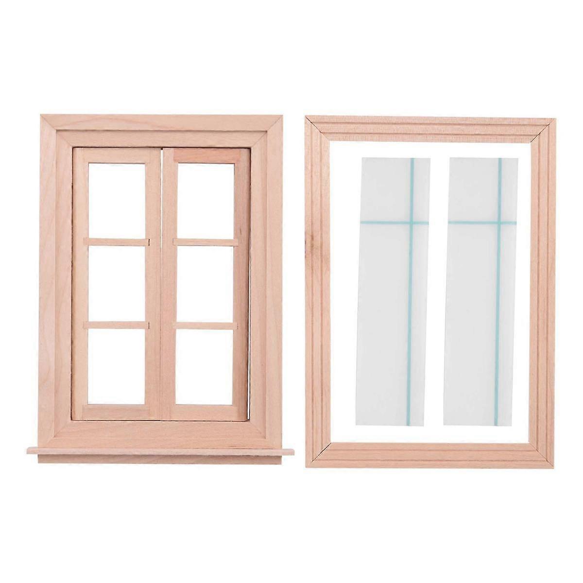 1:12 Miniature Double Window Wooden 6 Pane Frame and Glass Plate Doll House Diy Double Window Accessories for Doll House Decoration