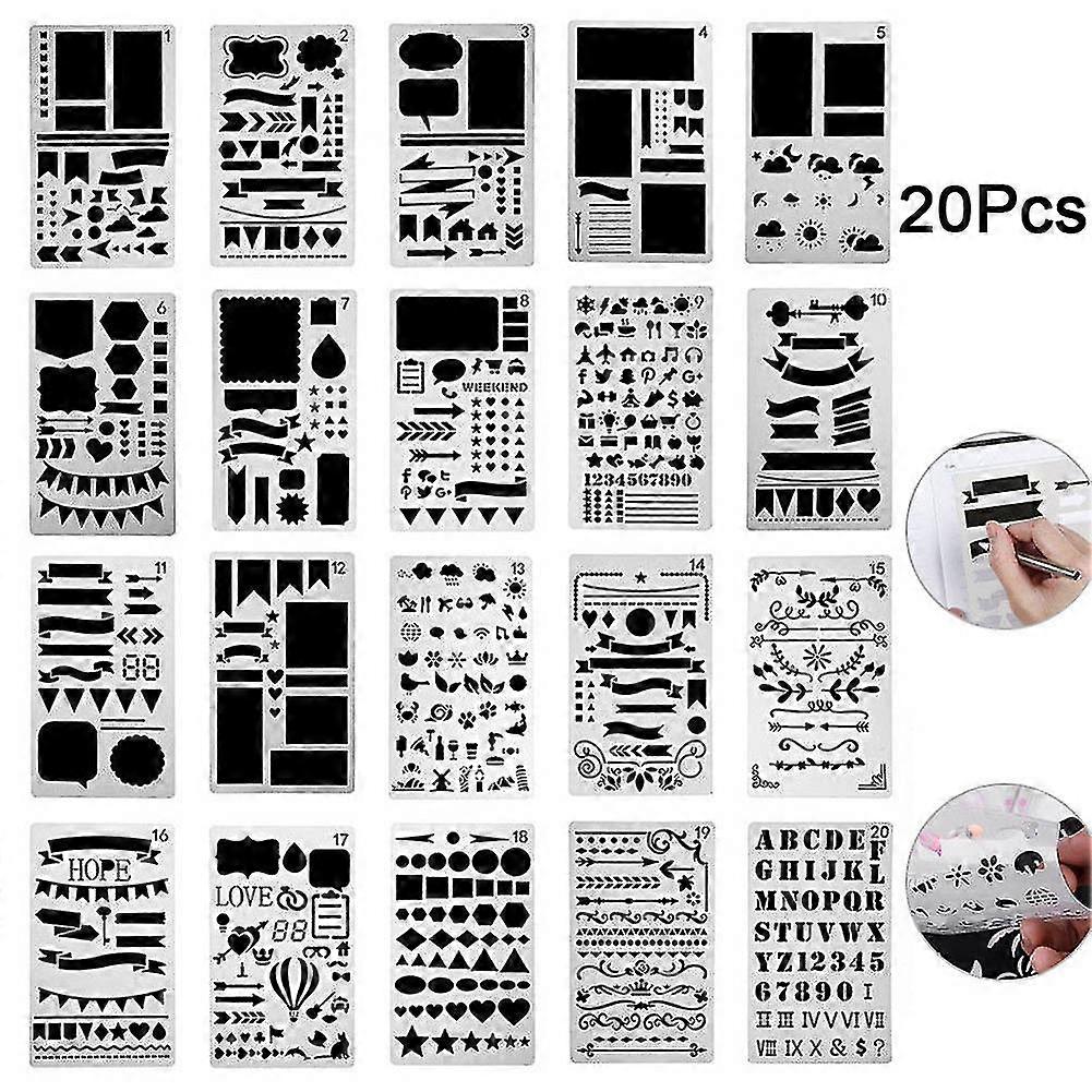 20 stuks / set bullet stencil set plastic planner diy tekening sjabloon voor dagboek notebook